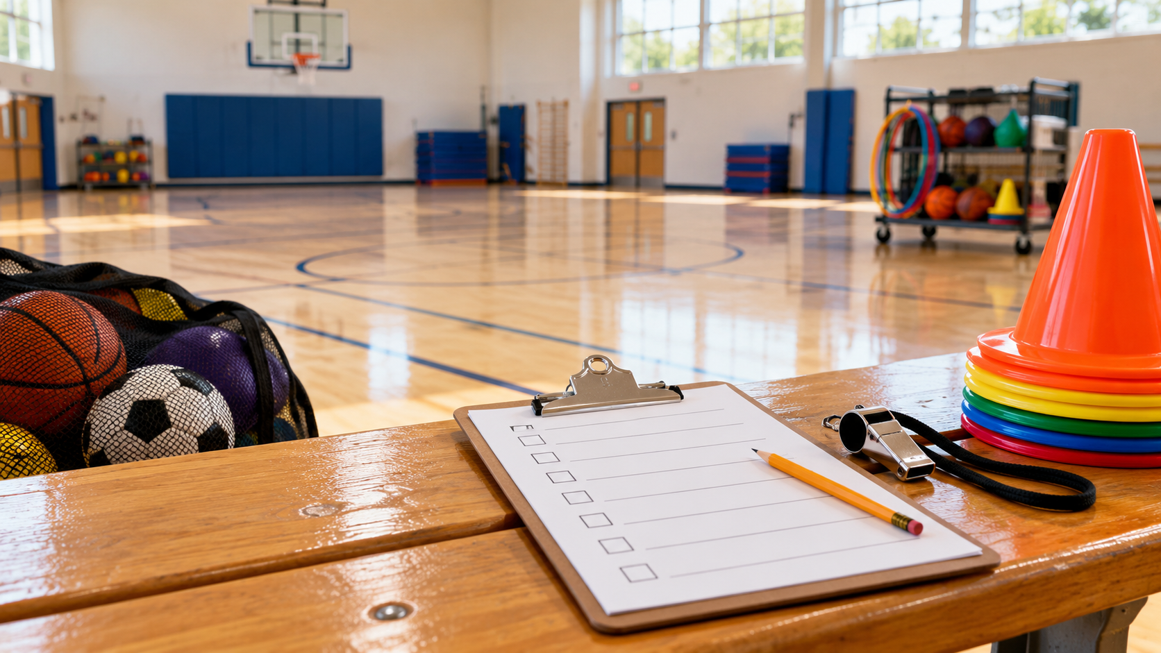 Clipboard checklist, pencil, whistle, and colored cones on a wooden bench beside an empty school gym.