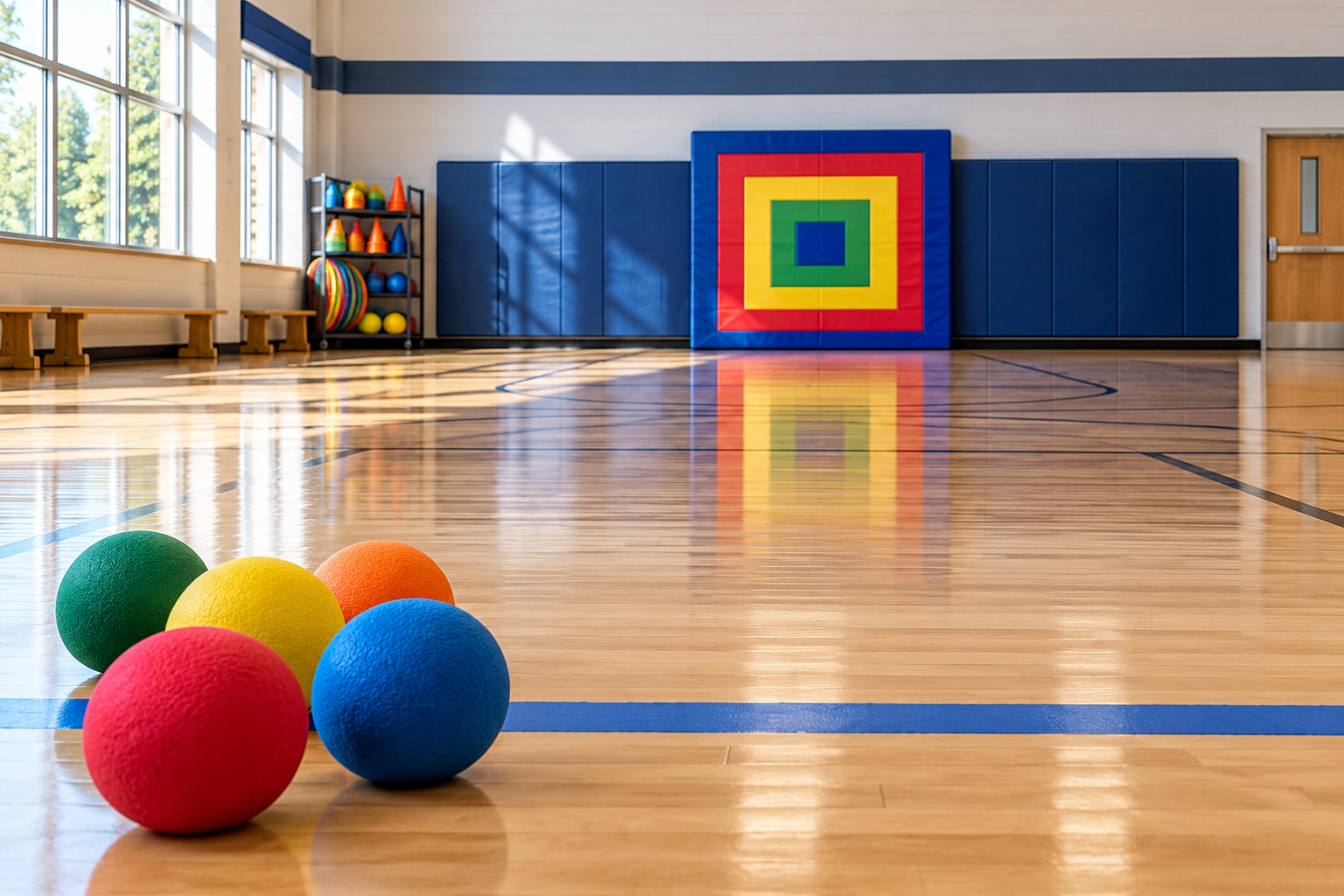 Soft foam balls beside a blue throwing line, with a colorful square target against the wall of an empty school gym.