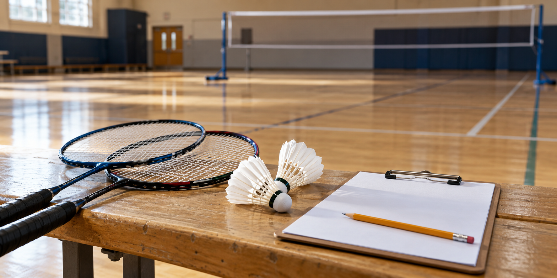 Two badminton rackets, two shuttlecocks, and a clipboard with a pencil on a gym bench, with a badminton net in the background.