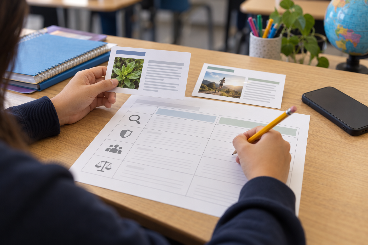 A student’s hands review a health-claim worksheet with source examples at a classroom desk.